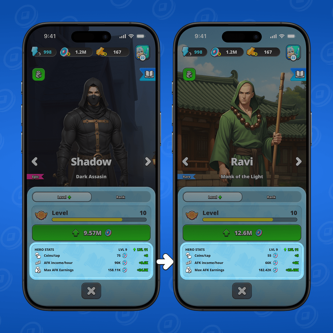 Les augmentations de rang et de niveau rendent le héros plus fort